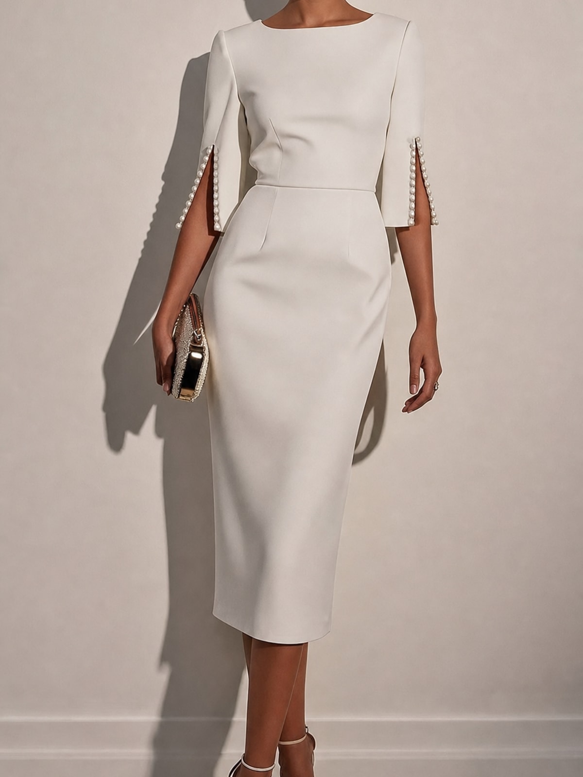 Elegant Polyester Beaded Round Neck Midi Dress - 8