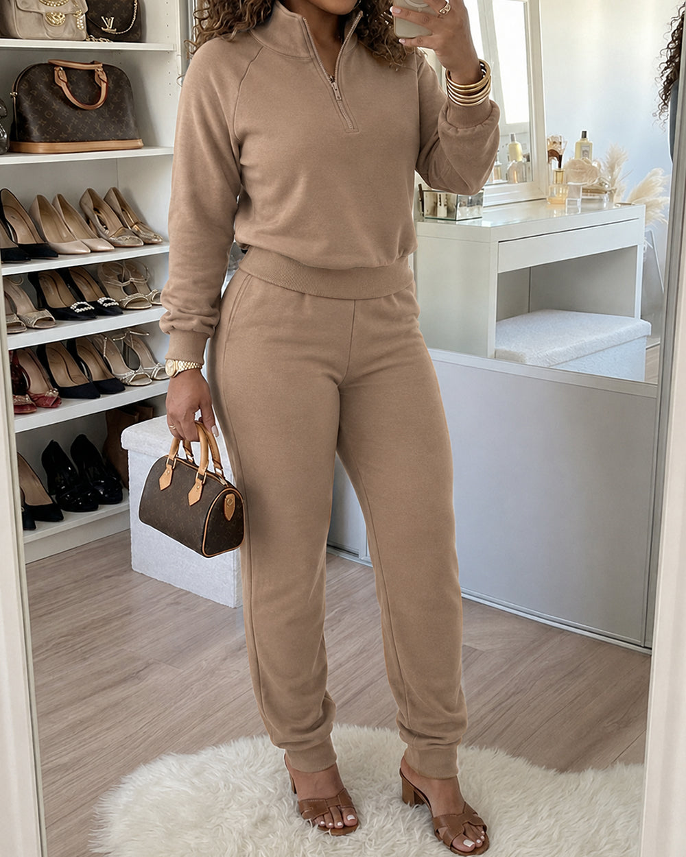 Stretch Knit Two-Piece Jogger Set With Half-Zip Top - 3