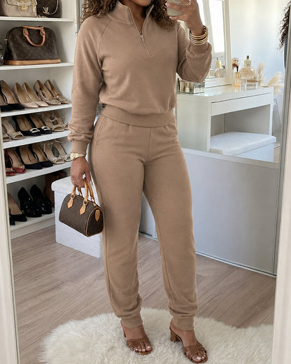 Coffee stretch knit jogger set with half-zip top - view 3