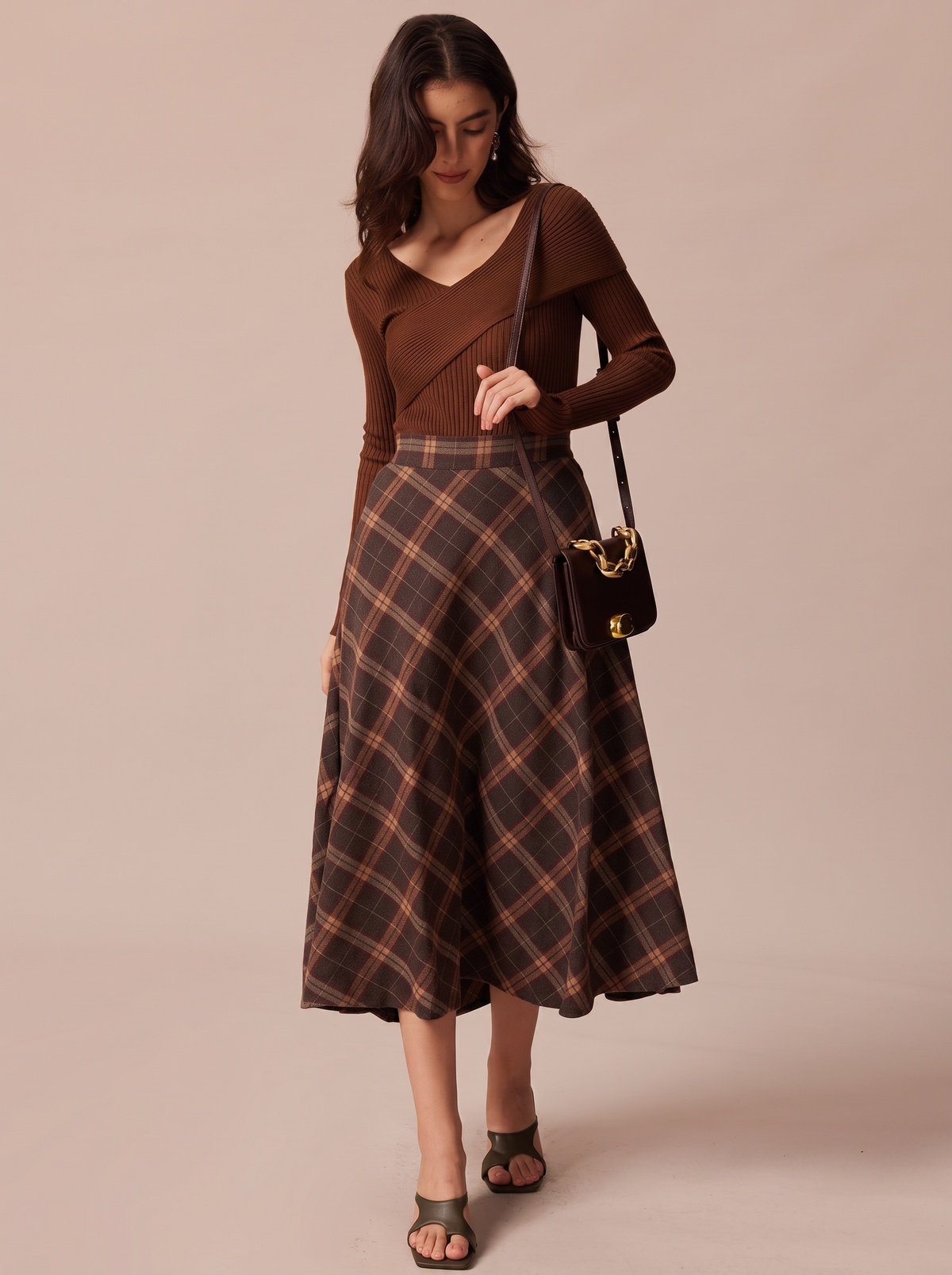 Plaid A-Line Midi Skirt With Elastic Waist - view 3