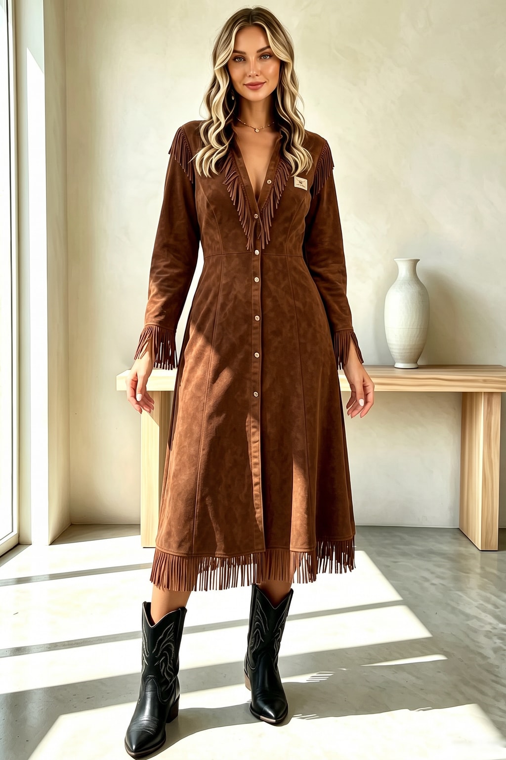 Suede Midi Dress With Fringe Tassel Trim - 3
