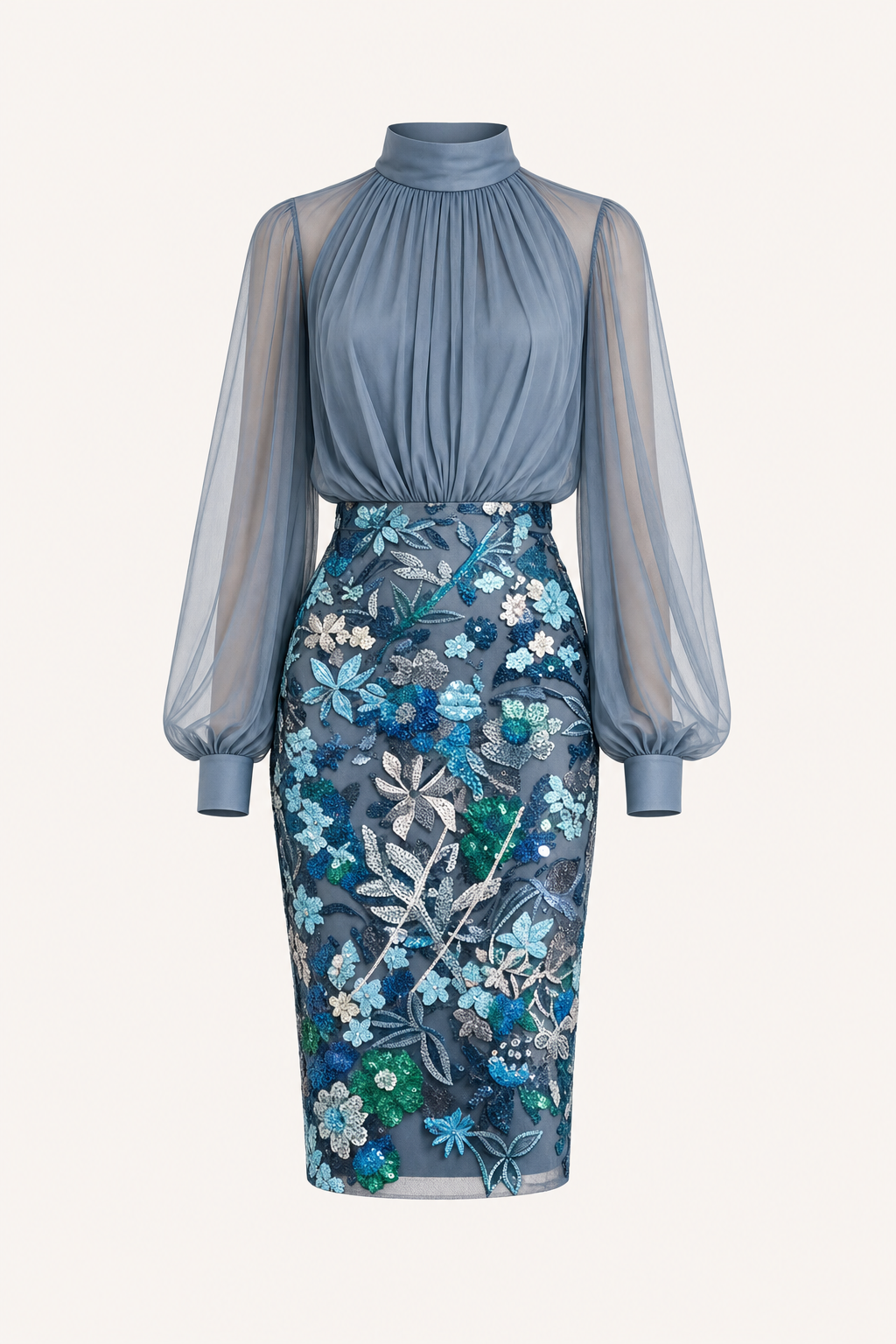 Chiffon Midi Dress with Lantern Sleeves