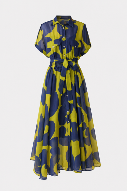 Blue sheer abstract print maxi dress with tie belt