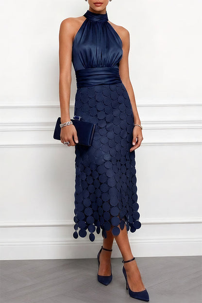 Satin ruched halter maxi dress with embroidered hem - view 5