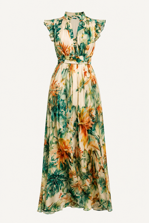 Green Botanical Chiffon Maxi Dress, Ruffle V-Neck