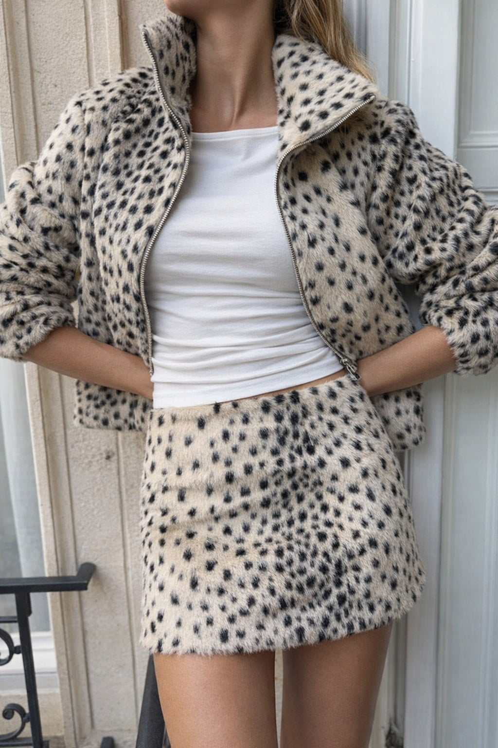 Faux Fur Leopard Print Jacket Cropped Stand Collar - 6