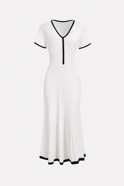 White soft knit sweater midi dress with contrast trim