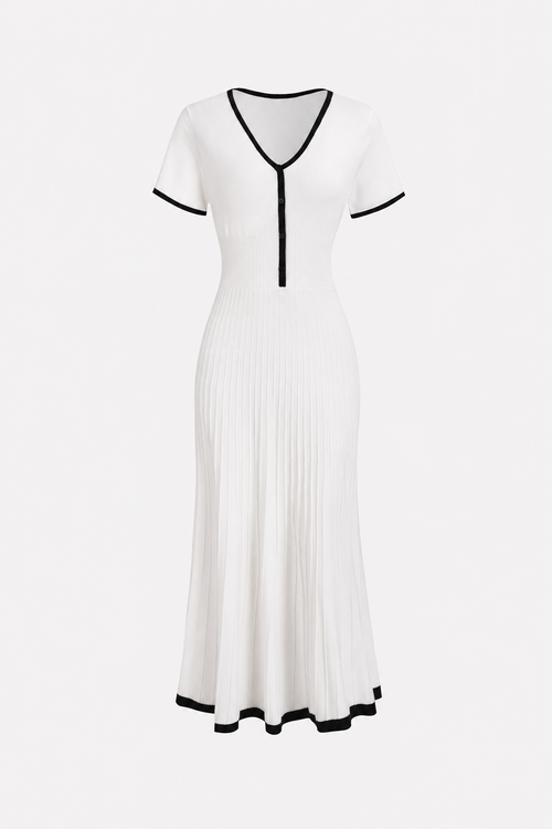 White soft knit sweater midi dress with contrast trim