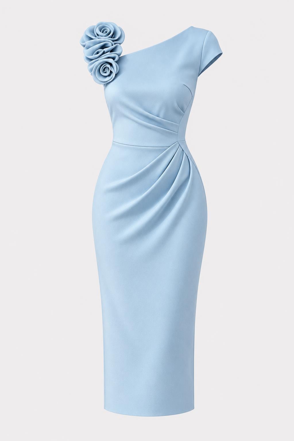Polyester Midi Dress With Floral Embellished Pleated Waist - 1