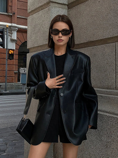 Oversized Faux Leather Blazer - view 7
