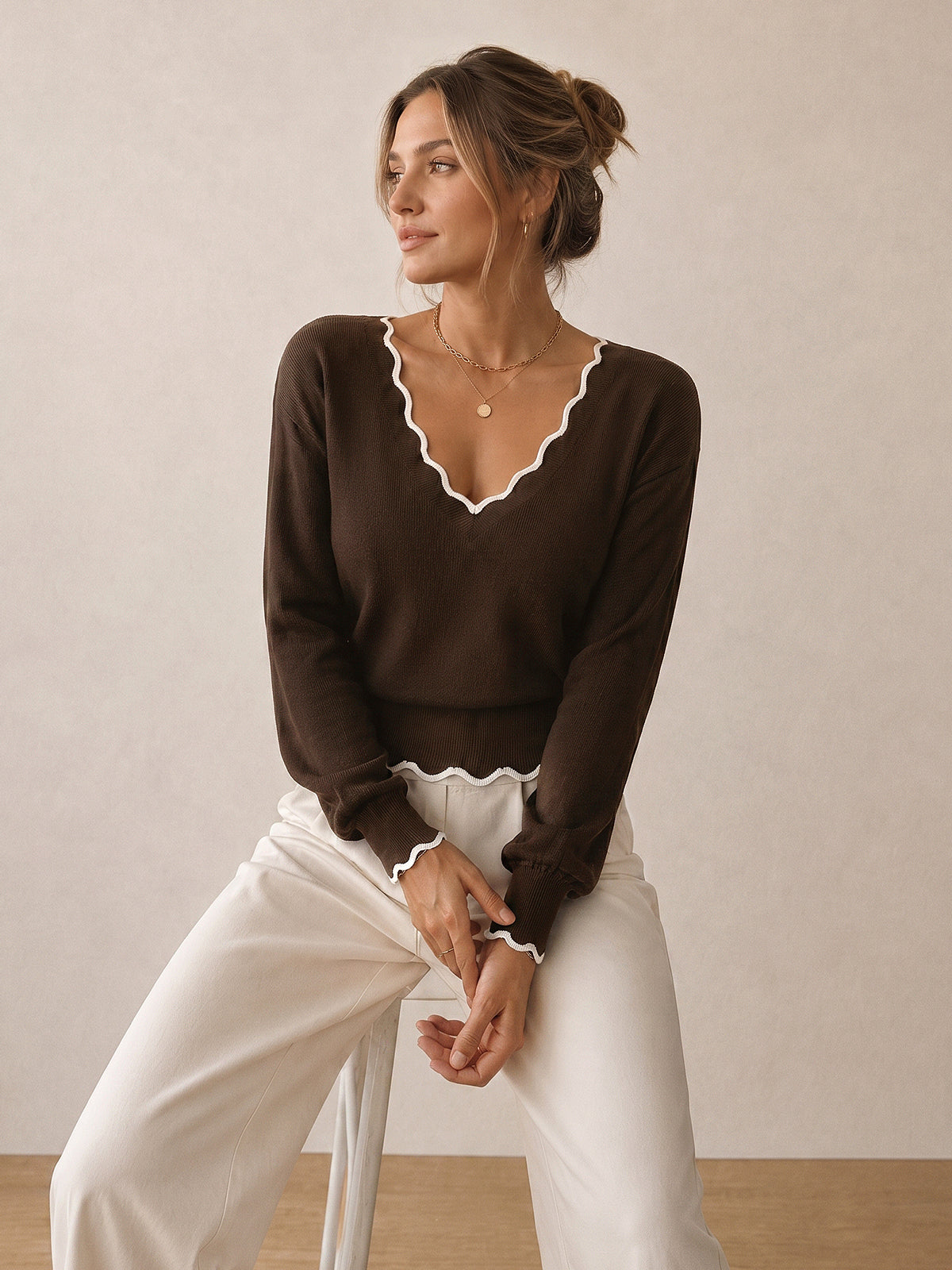 Brown wool blend knit sweater with scallop trim - view 2
