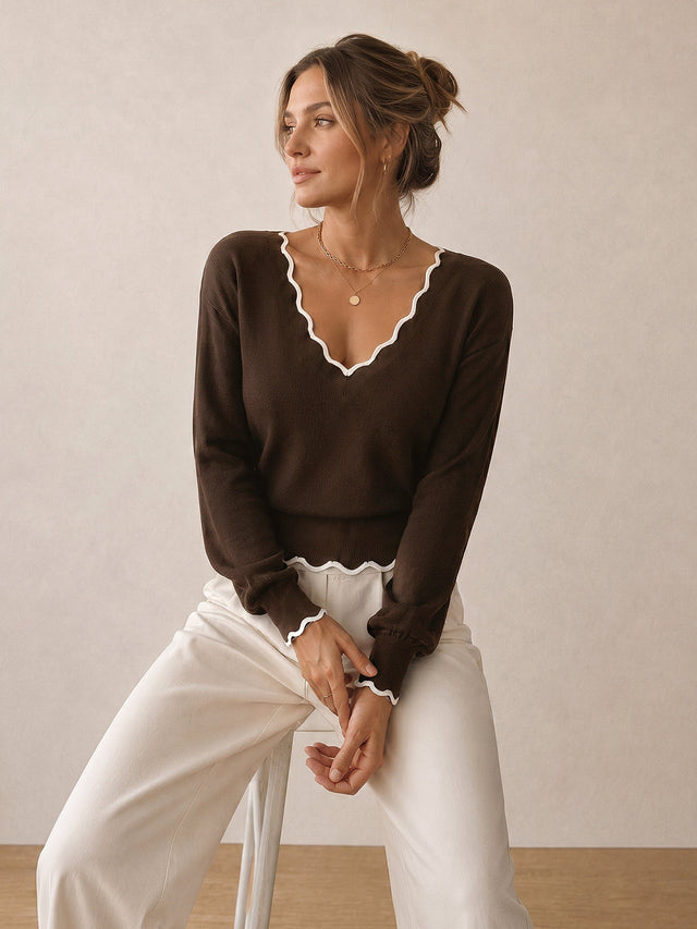 Wool Blend Knit Sweater With Contrast Scallop Trim - 2