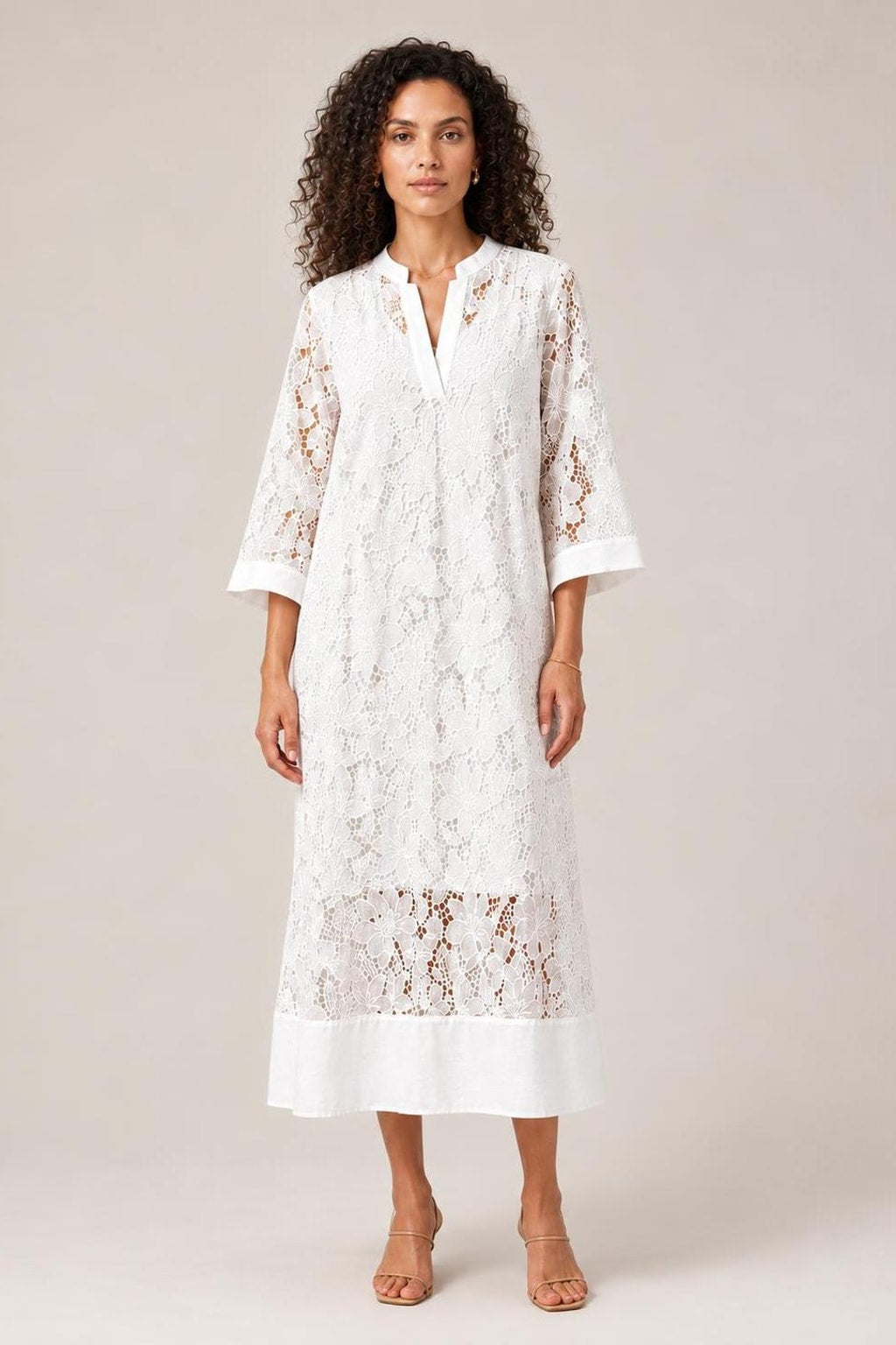 White Lace Midi Dress With Sheer Hem Panel - 5