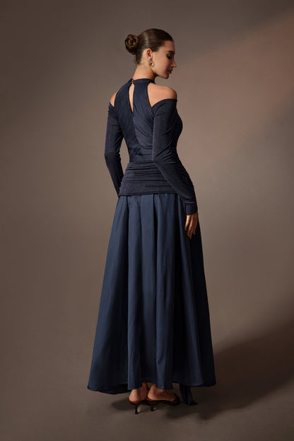 Blue cold-shoulder midi dress with draped front - view 4