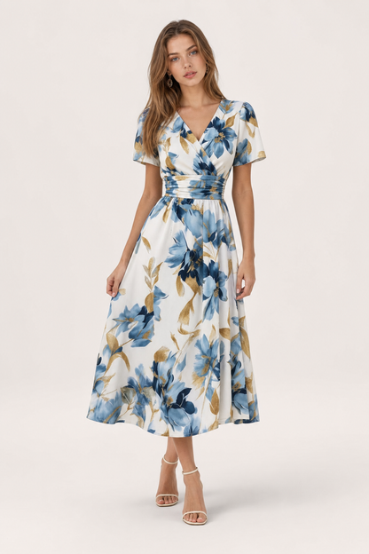 Multicolor Floral Wrap Midi Dress, Ruched Waist - view 2