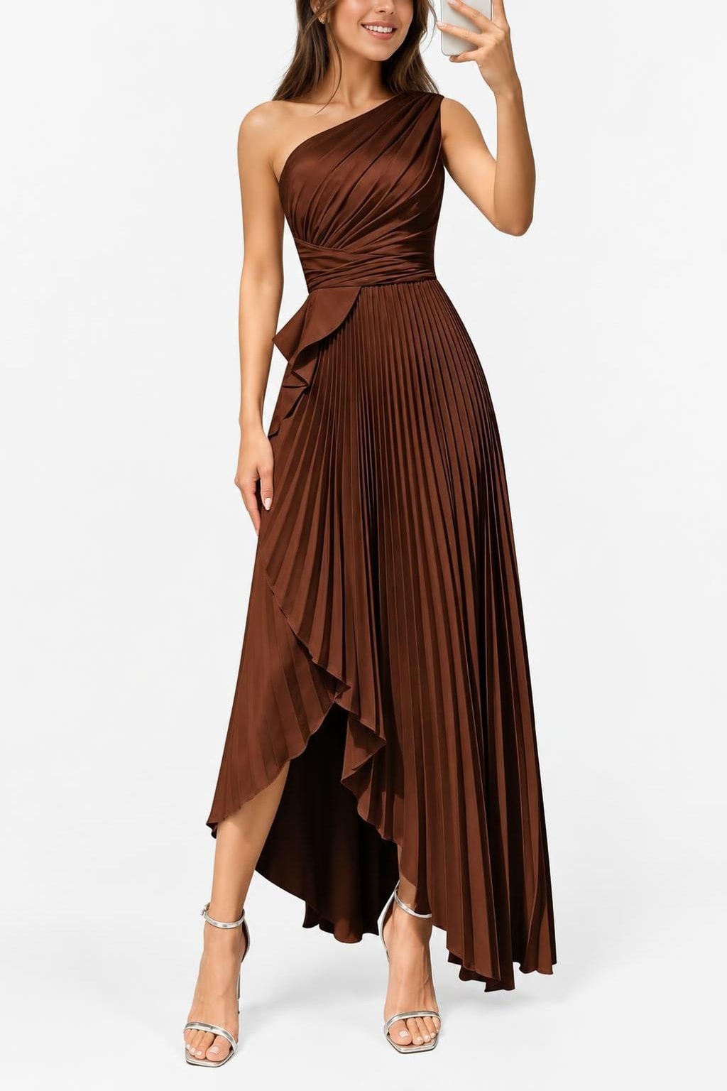 Satin Maxi Dress With One-Shoulder Neckline - 15