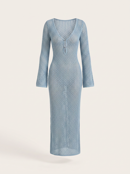 Open-Knit Crochet Plunge Maxi Dress