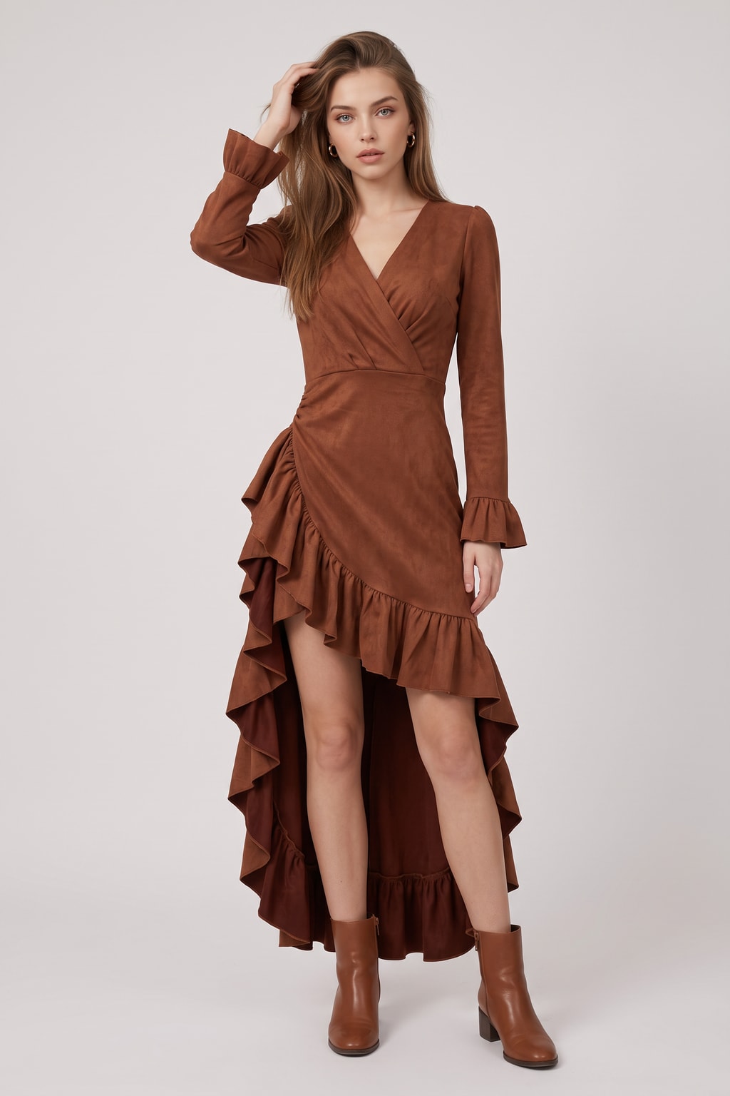 Wrap Dress Brown Boho Chic Ruffled Hem - 3