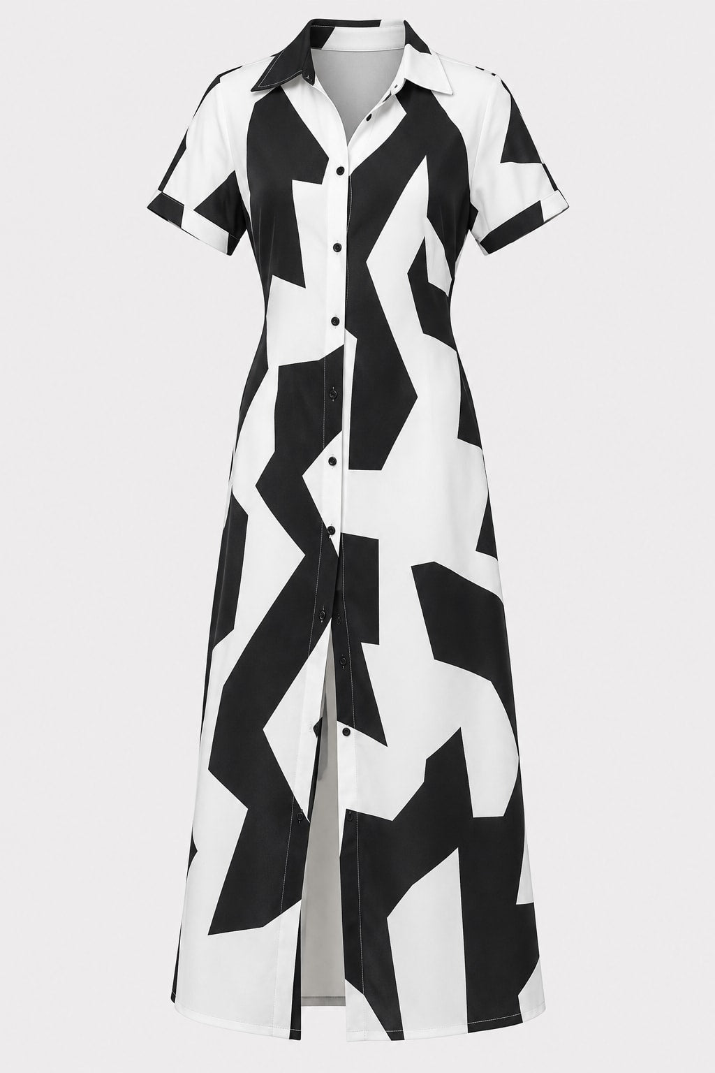 Knit Maxi Tunic Dress Geometric Button-Up - 1