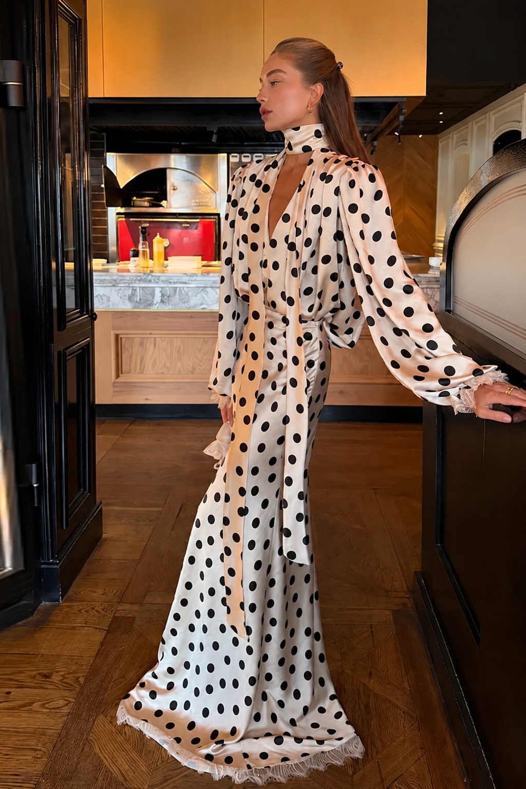 Satin Maxi Dress Polka Dot V-Neck Evening Outfit - 2