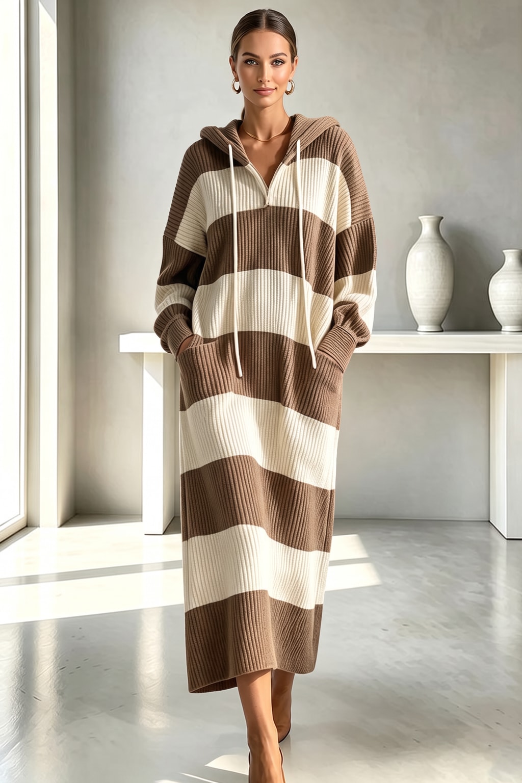 Knit Hooded Sweater Midi Dress - 5