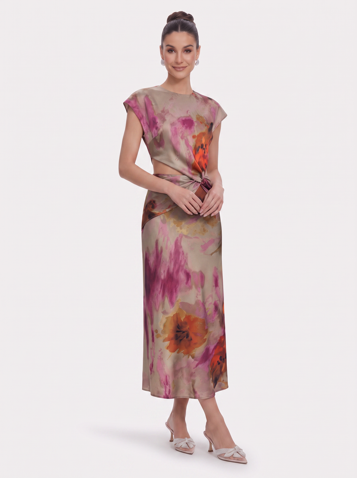 Light brown satin twist-knot cutout midi dress - view 2
