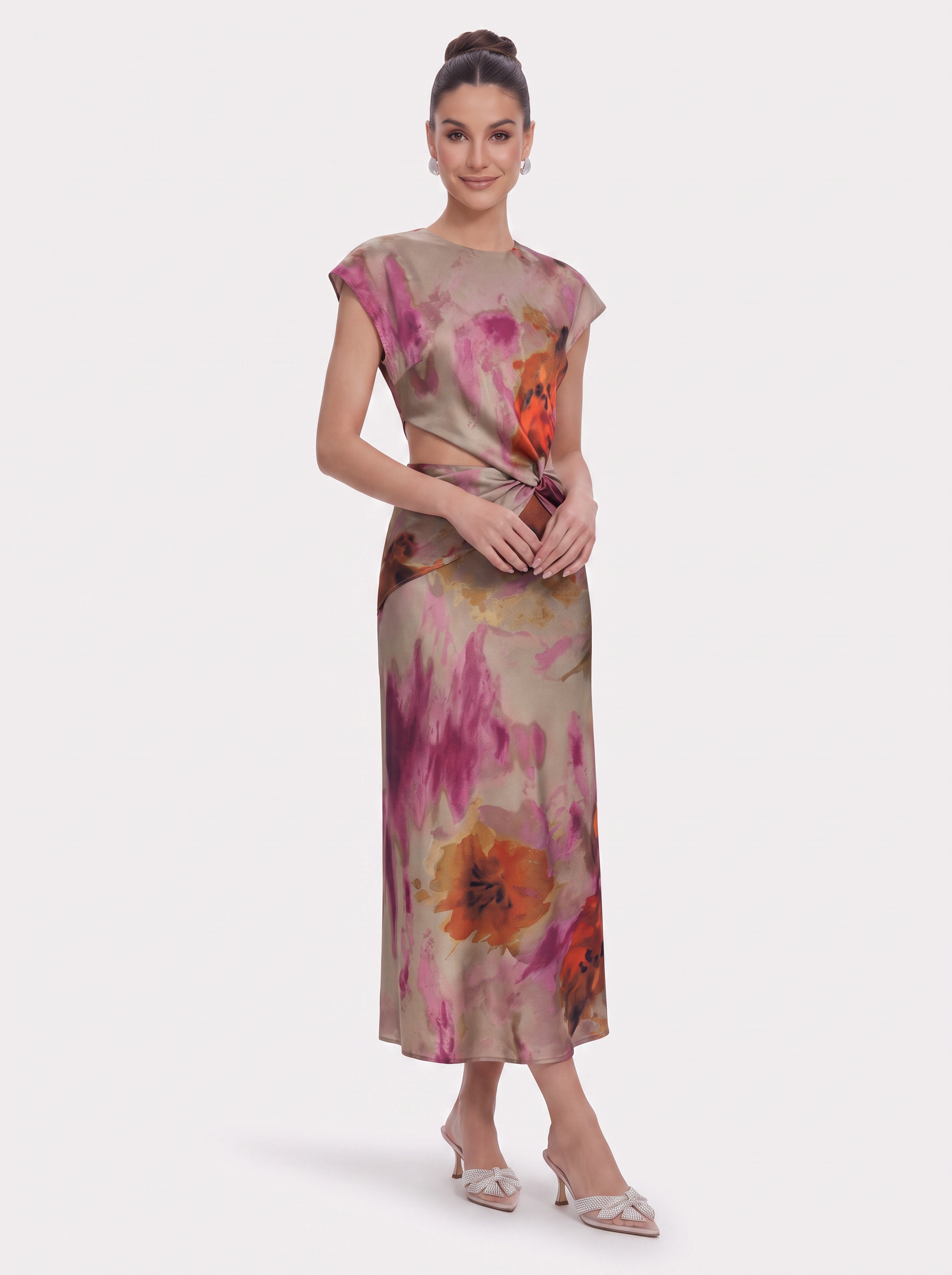 Light brown satin twist-knot cutout midi dress - view 2