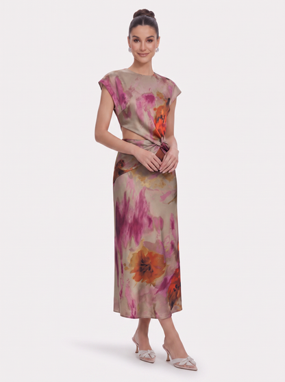 Light brown satin twist-knot cutout midi dress - view 2