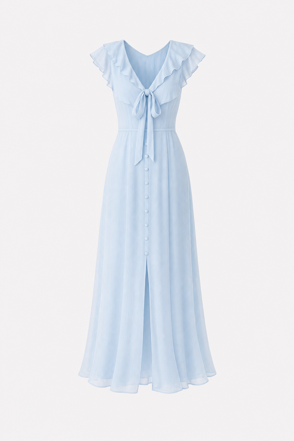 Blue Chiffon V-Neck Maxi Dress with Ruffle Tie