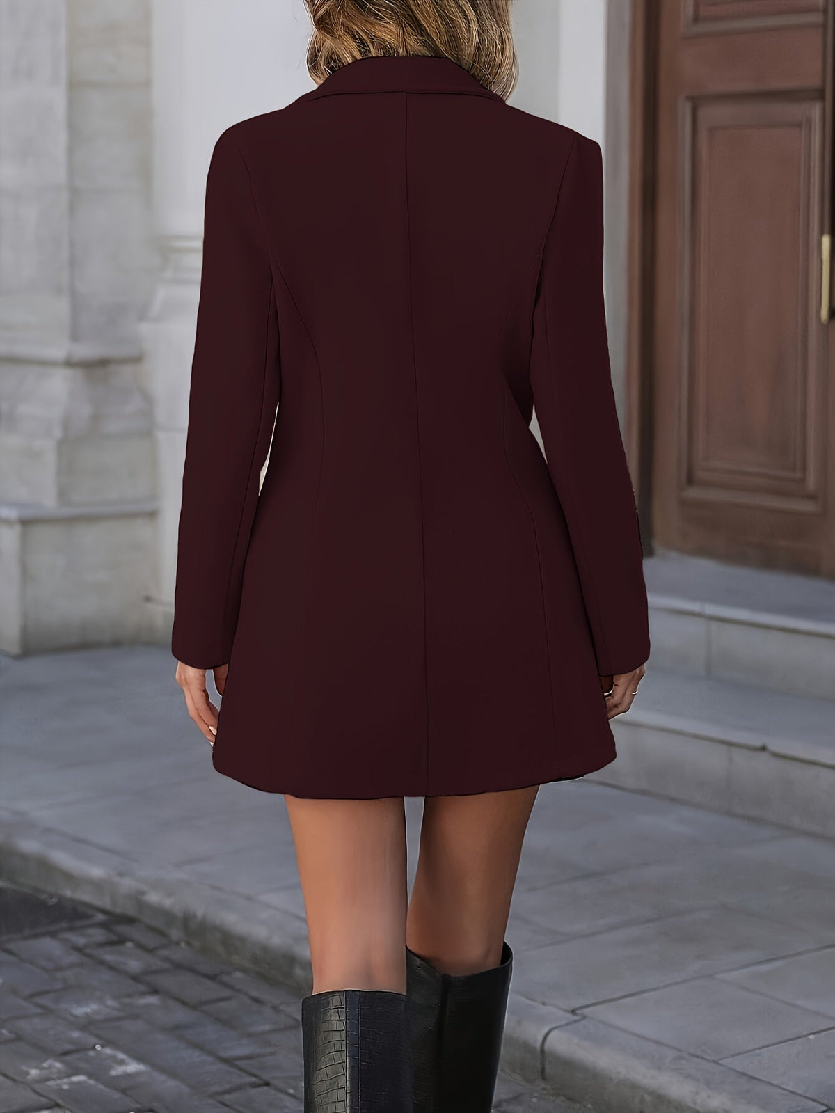 Waist-cinching mid-length coat with stand collar - view 6