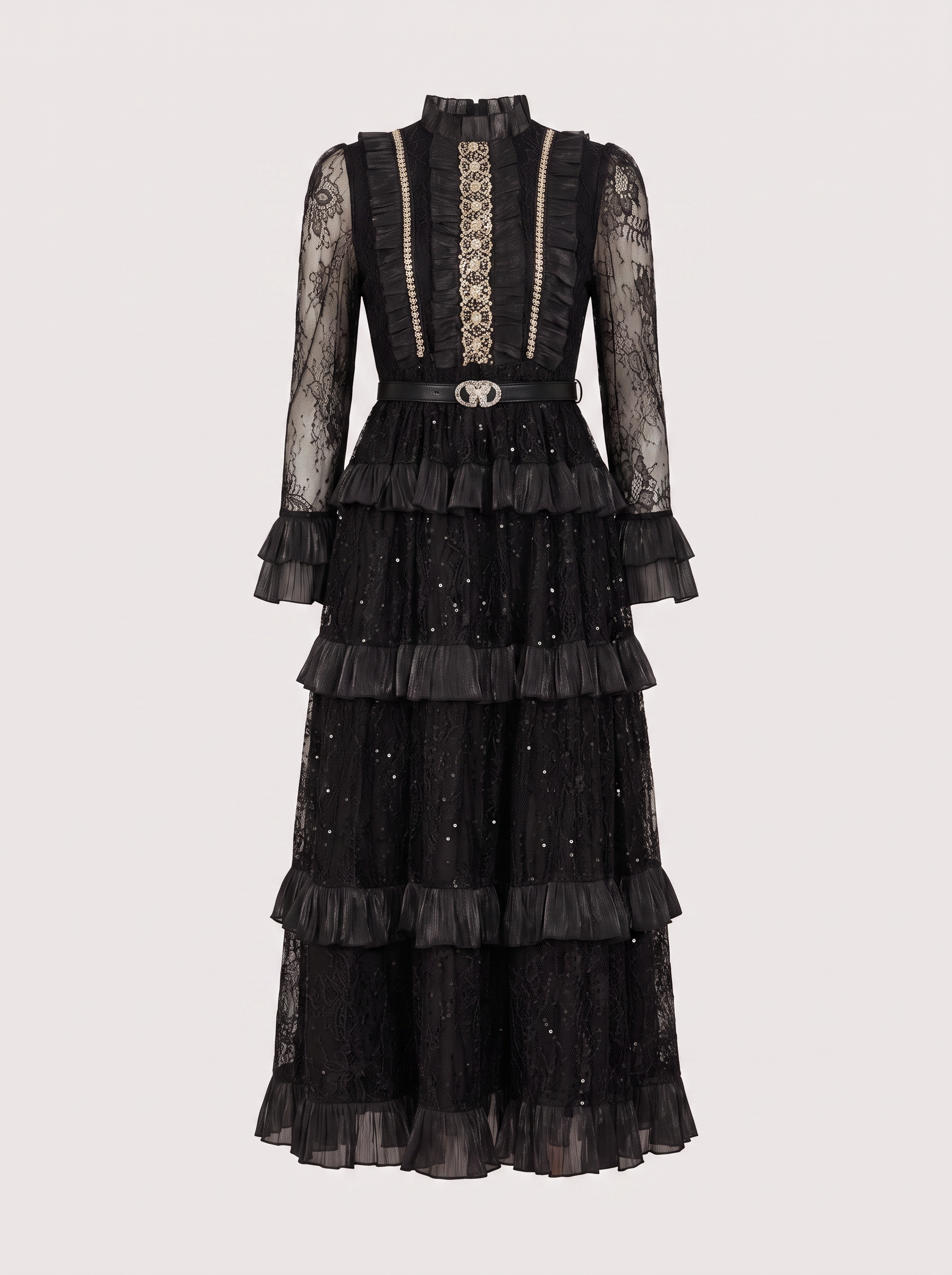 Ruffle Collar Tiered Lace Maxi Dress
