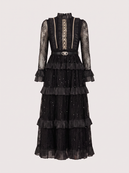 Ruffle Collar Tiered Lace Maxi Dress