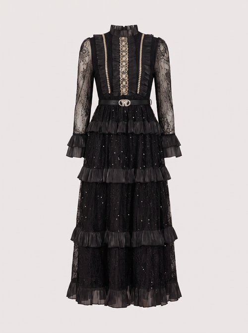 Ruffle Collar Tiered Lace Maxi Dress