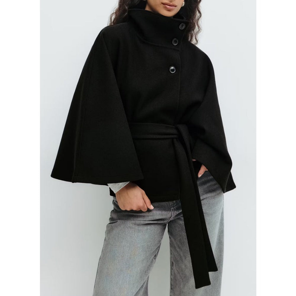 High Collar Cape Coat with Belted Waist - view 7