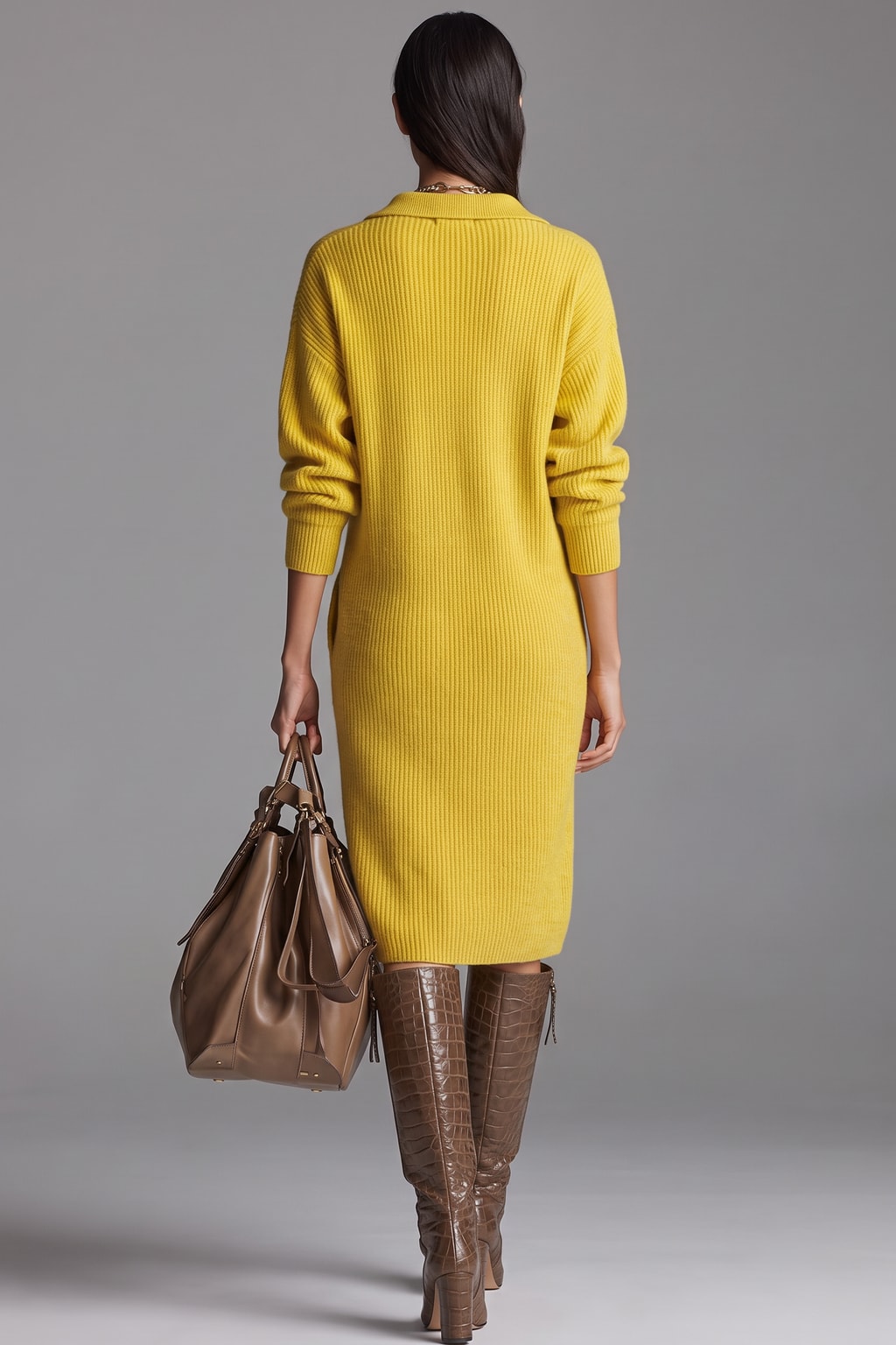 Ribbed Knit Sweater Dress With V-Neck - 3