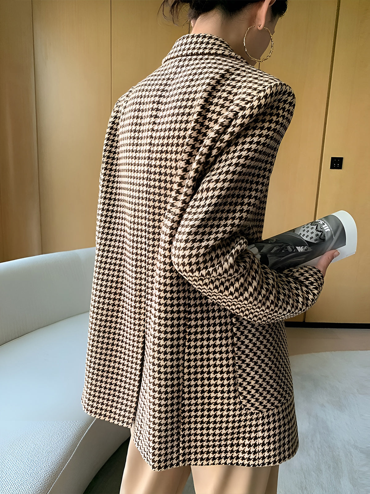 Khaki Houndstooth Belted Blazer, Split Back - view 4