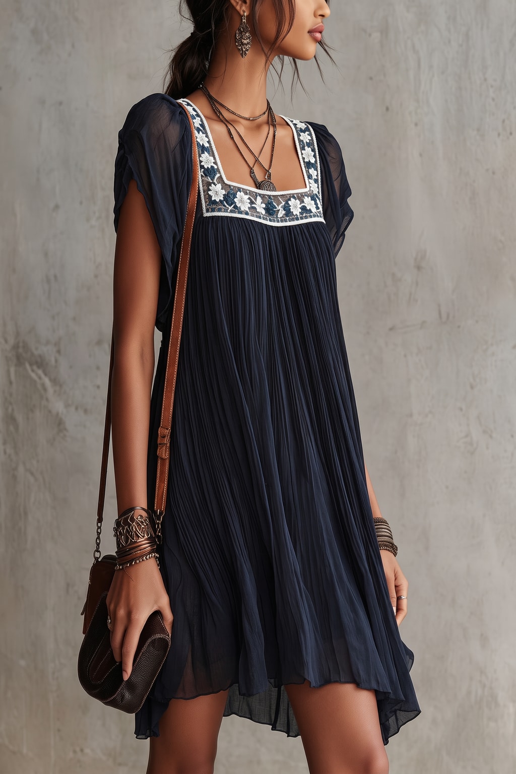 Navy Blue Chiffon Pleated Babydoll Mini Dress - 3