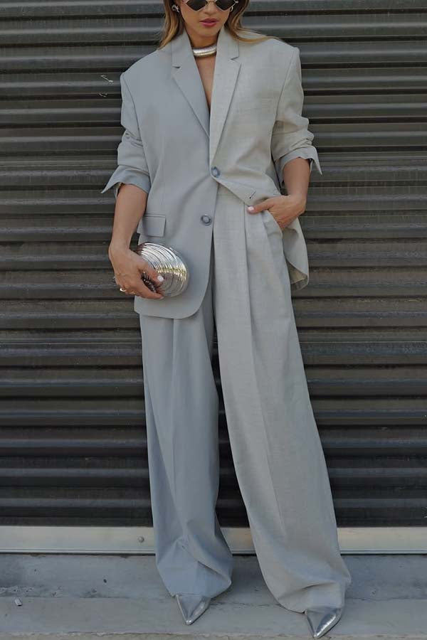 Two-Tone Lapel Blazer and Wide Leg Pants Set - view 3