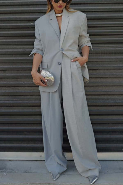 Two-Tone Lapel Blazer and Wide Leg Pants Set - view 3