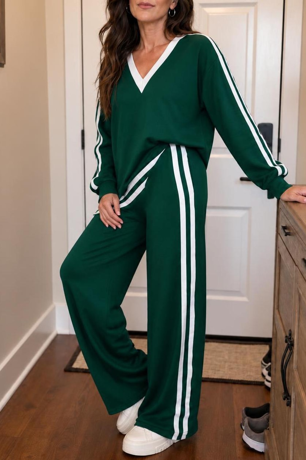 Polyester Knit Wrap Top Wide-Leg Pants Set - 9