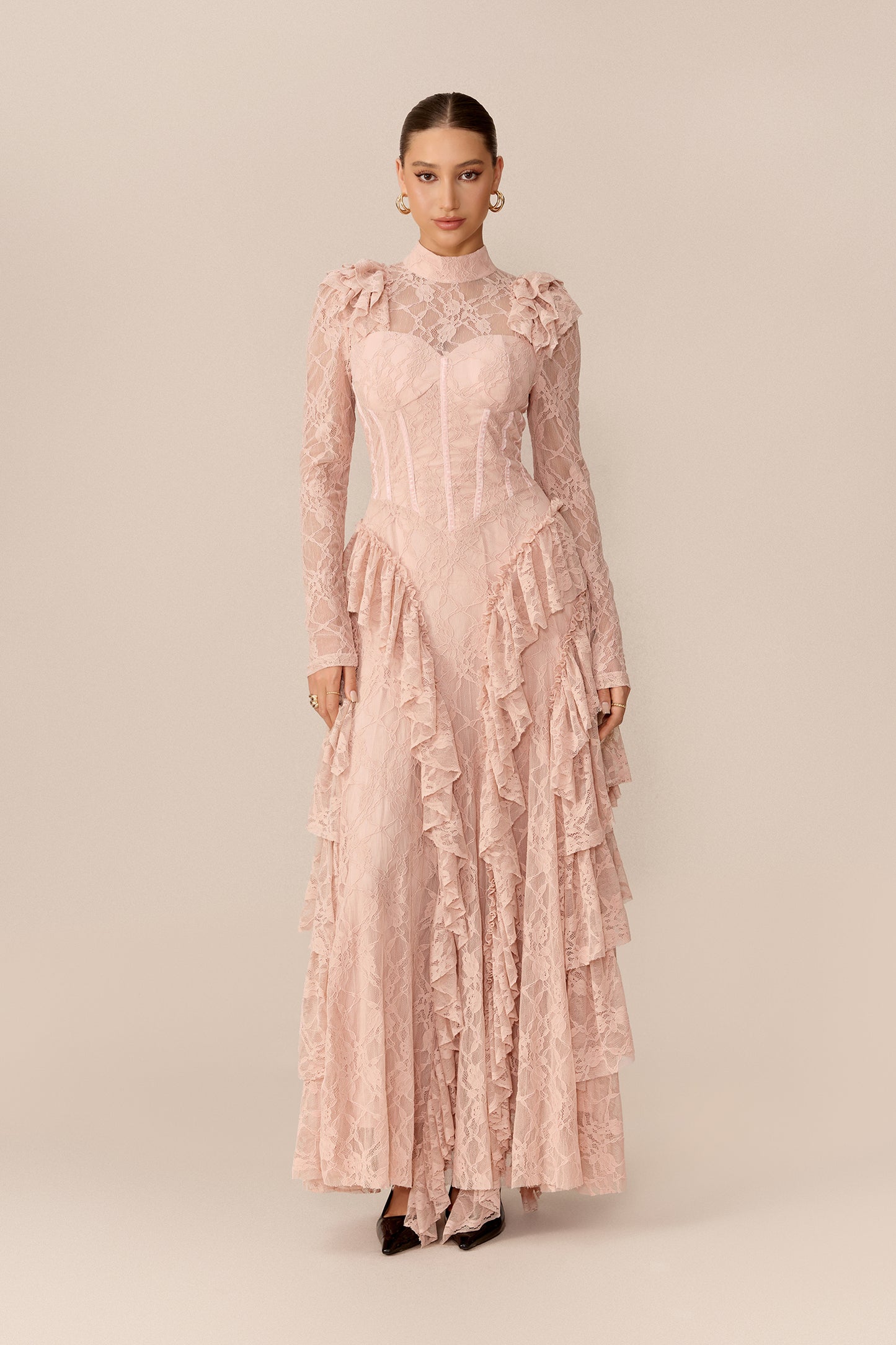 Long Sleeve Lace Corset Maxi Dress in Pink - view 2