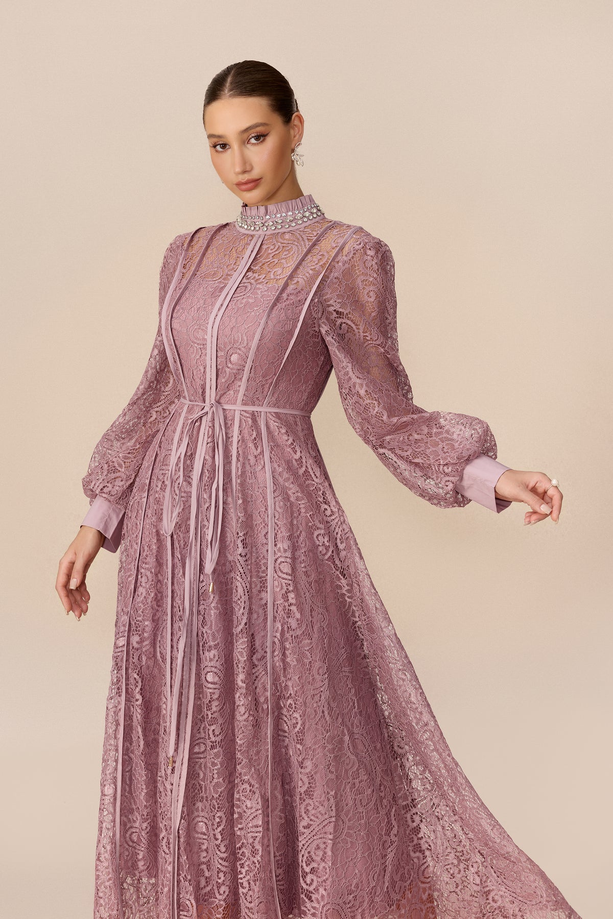 Balloon Sleeve Lace Maxi Dress in Pink - view 3
