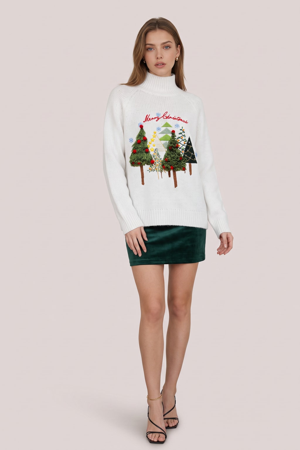 White Ribbed Knit Sweater With Embroidered Christmas Tree - 3