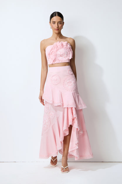 Pink Lace Crop Top and Tiered Maxi Skirt Set - view 2