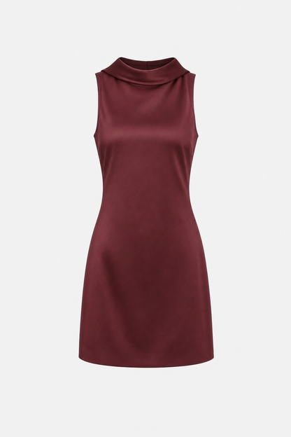 Wine red satin cowl neck backless mini dress