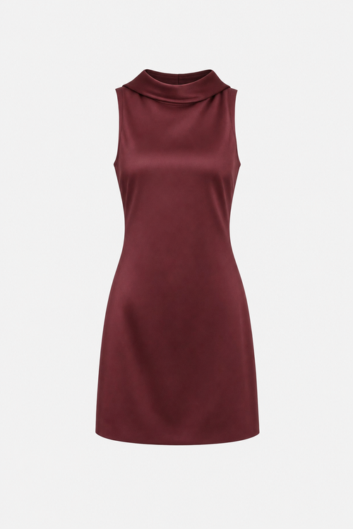 Wine red satin cowl neck backless mini dress