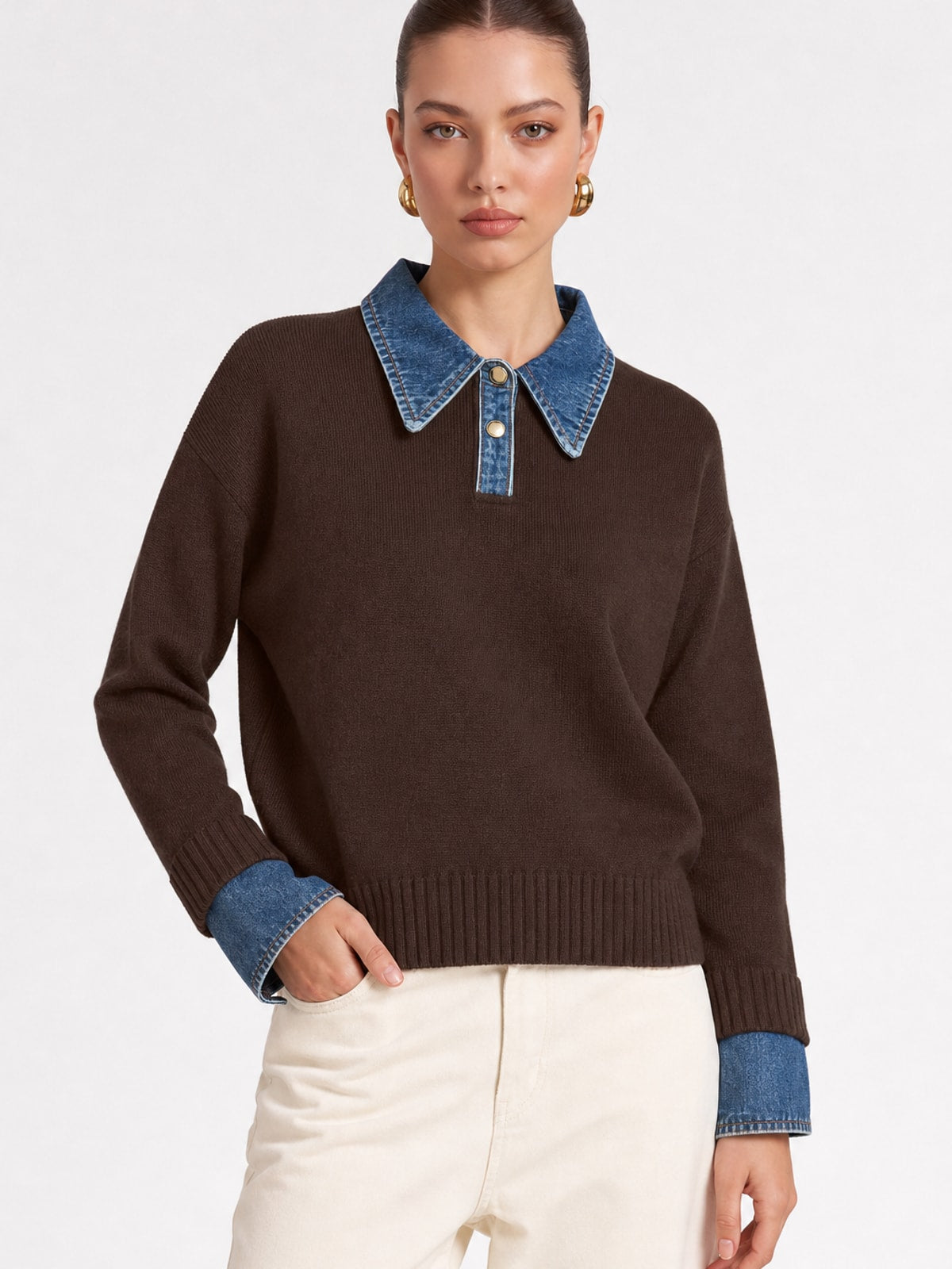 Knit Panel Lapel Relaxed Sweater - 6