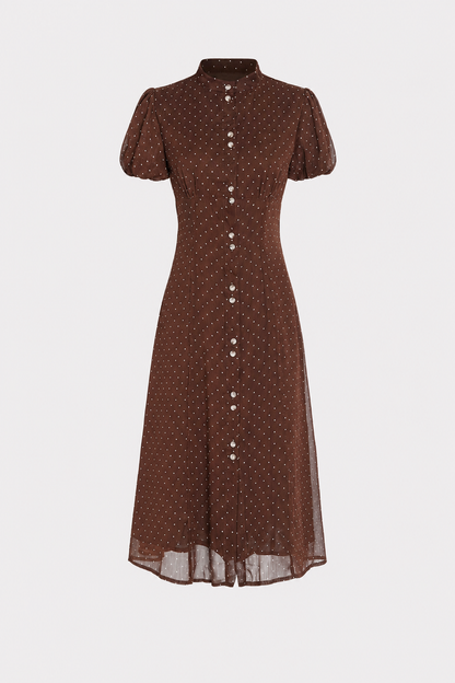 Brown Polka Dot Chiffon Midi Dress