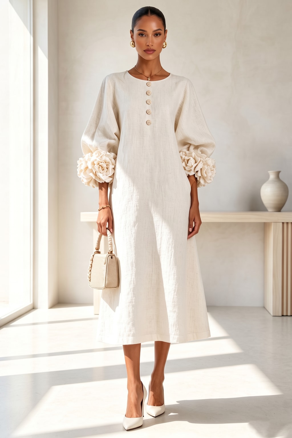 Linen Blend Midi Dress With Button-Down Front - 5