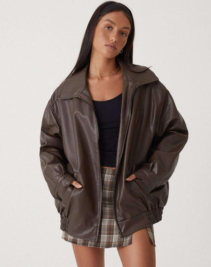 Oversized Collared Faux Leather Jacket - view 10